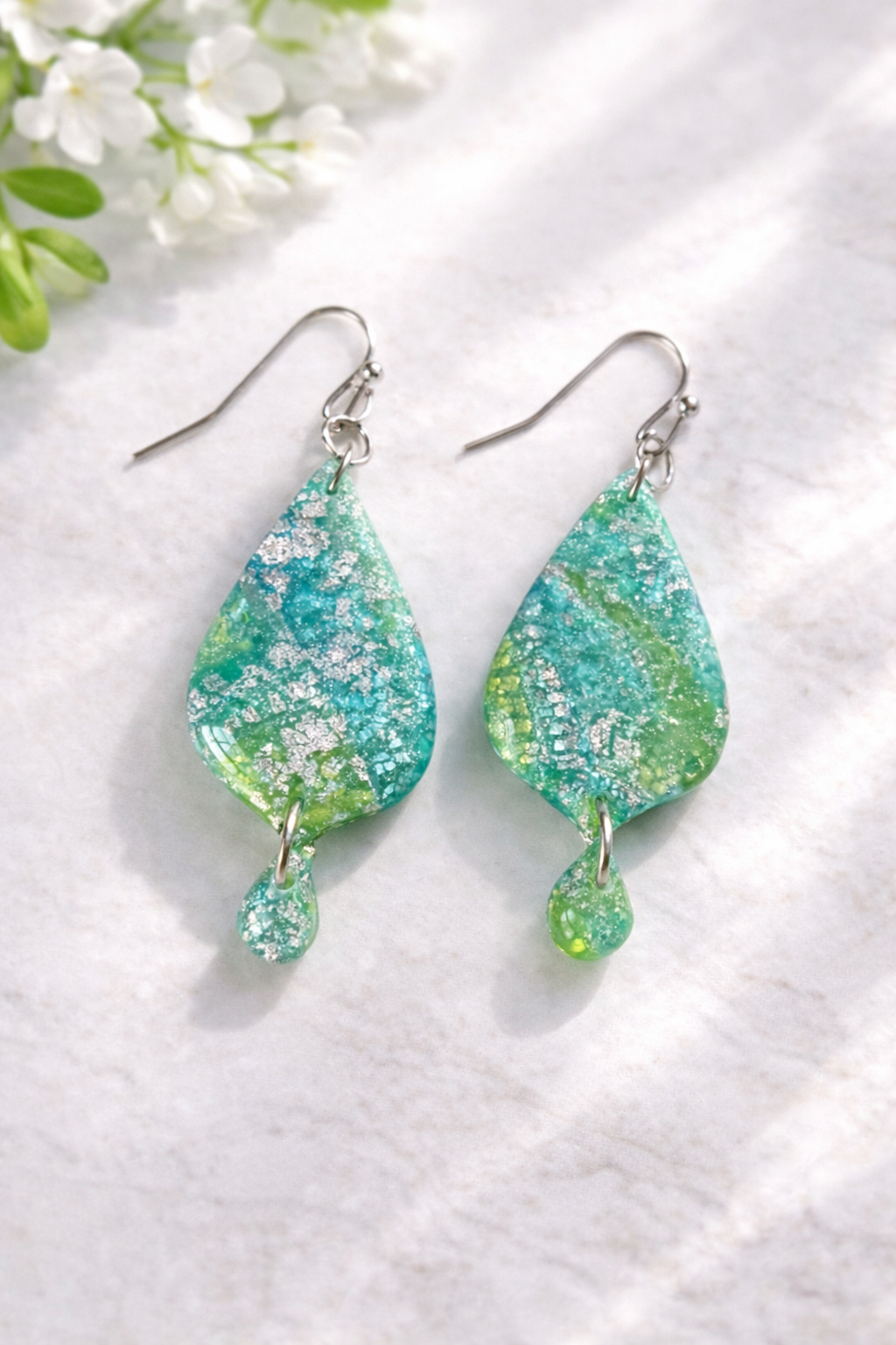 Verdant Tide Teardrop Dangle Titanium Earrings