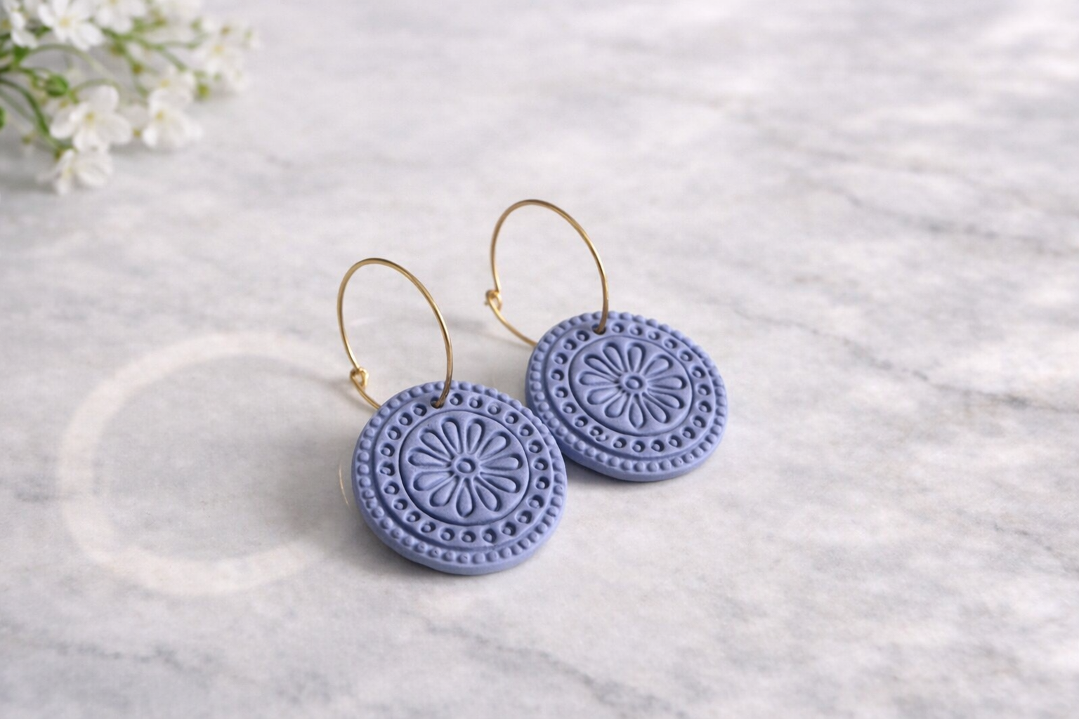 Periwinkle Boho Floral Medallion Hoop Earrings