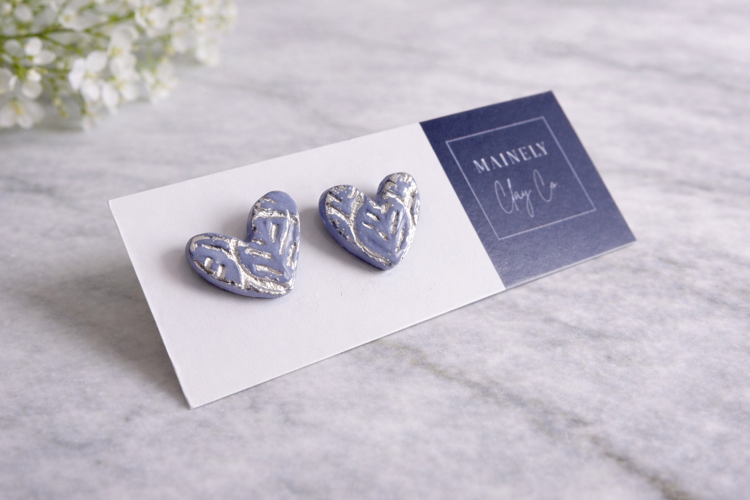 Periwinkle Botanical Silver Leafed Heart Studs