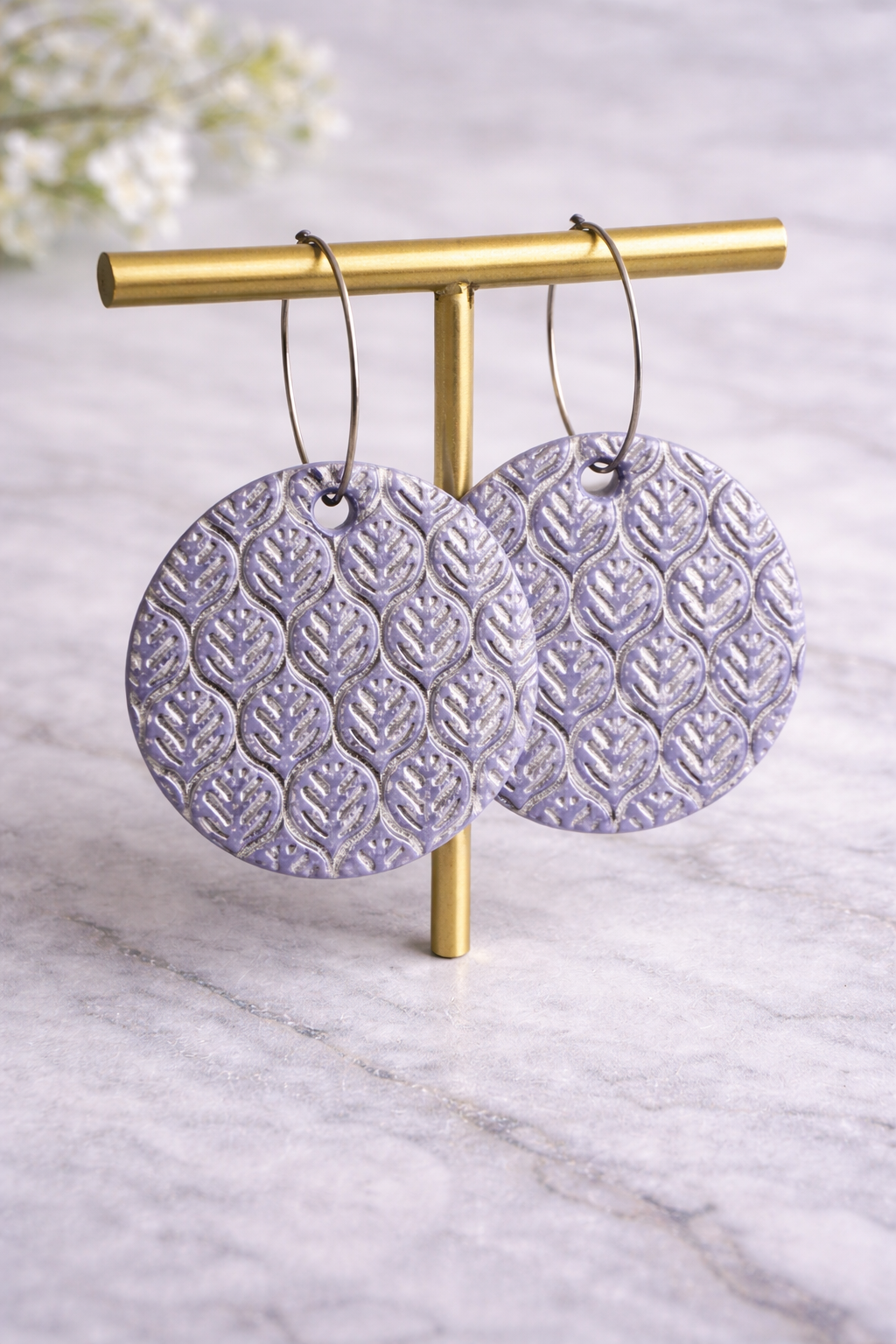 Periwinkle Botanical Silver Leafed Statement Hoops