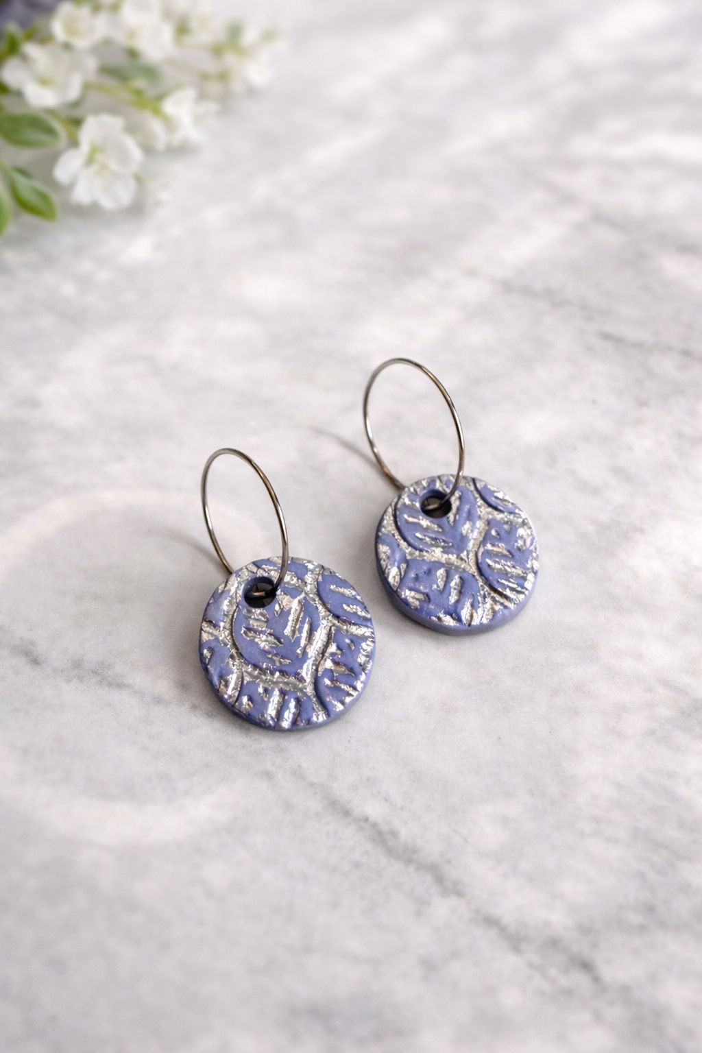 Periwinkle Botanical Silver Leafed Everyday Hoops