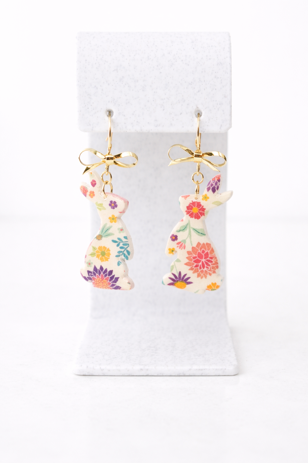 Vibrant Floral Bunnies & Bows Polymer Clay Easter Earrings